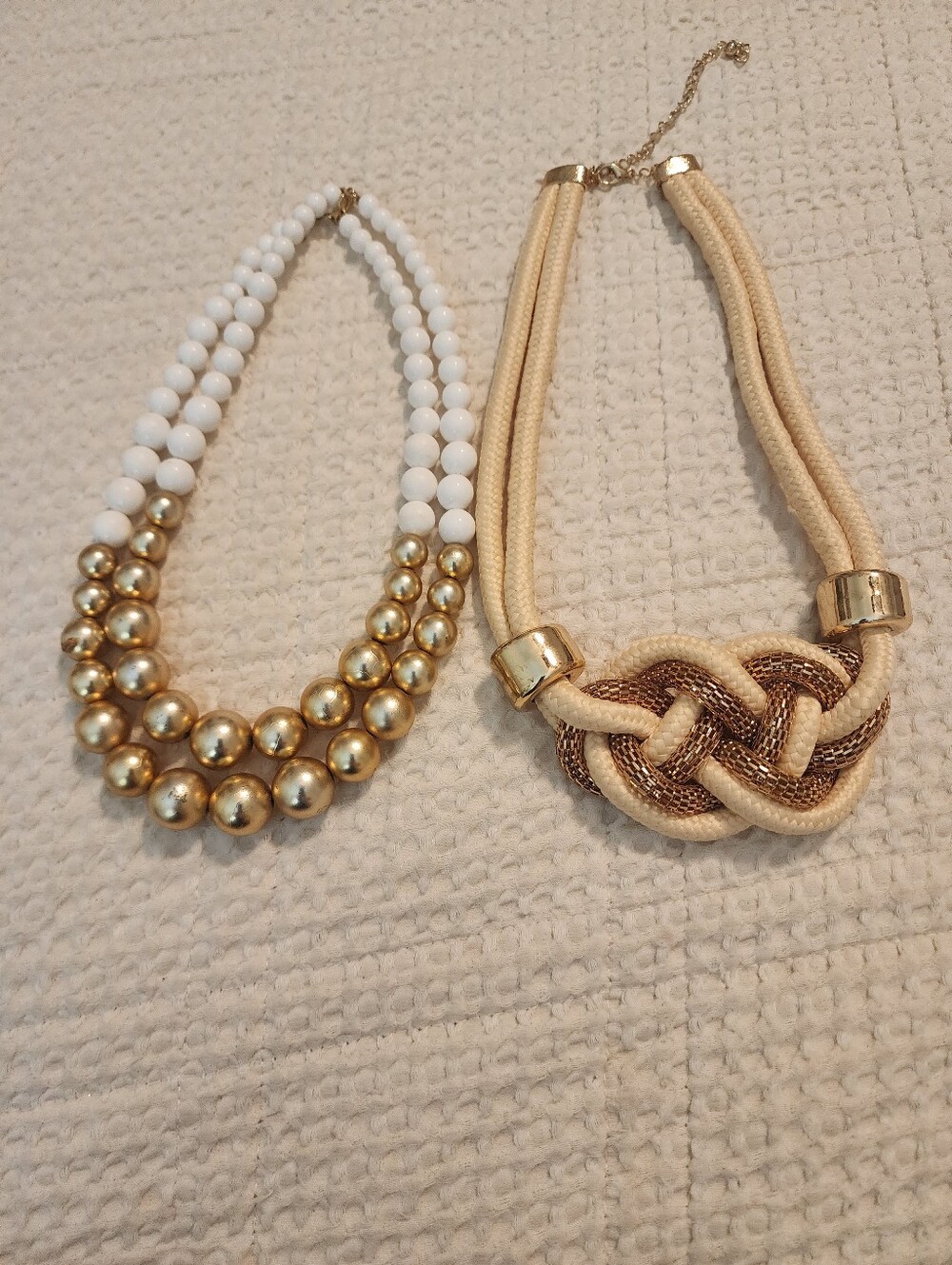 2 Necklace Bundle Gold & White Beaded Gold & Cream Rope Statement Necklaces